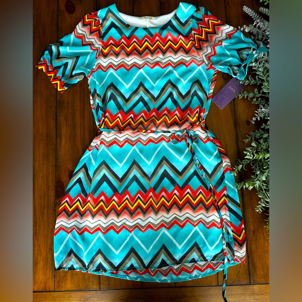 Rachel Kate Colorful ZigZag Print Dress with String Tie at Waist